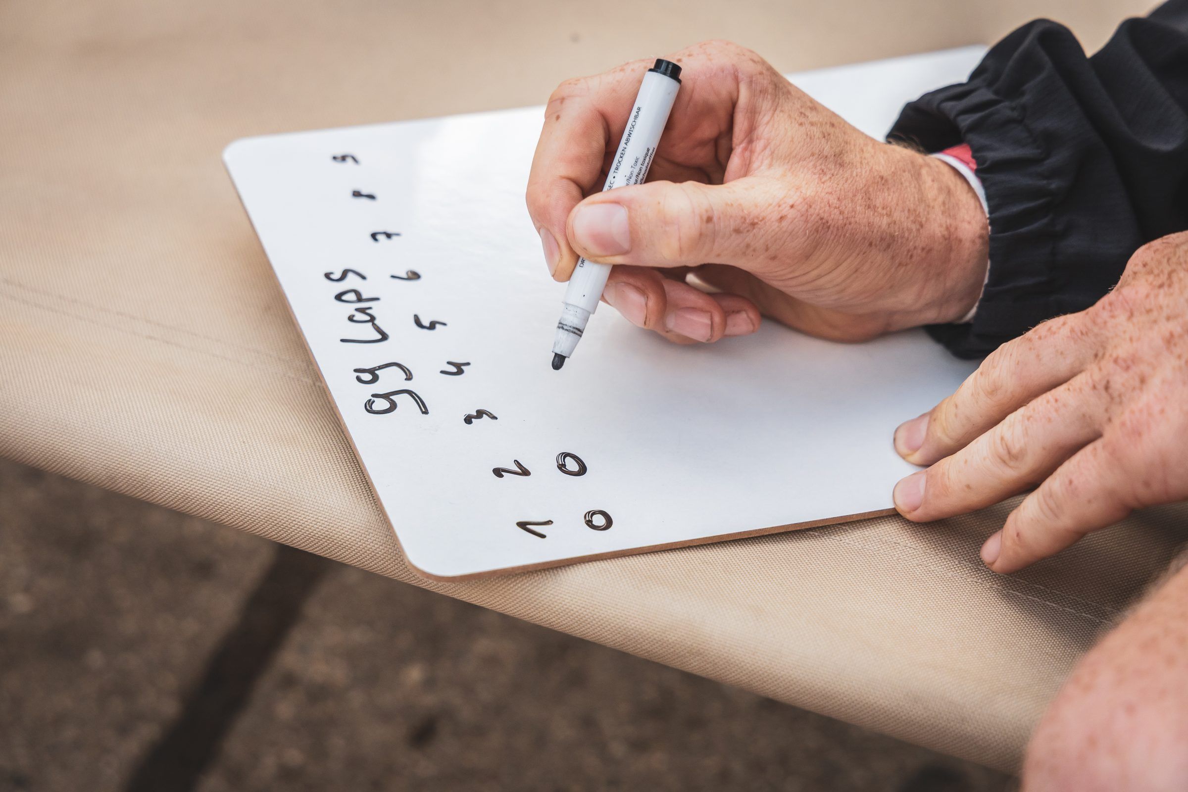 A hand writing a lap plan on a card: 99 laps